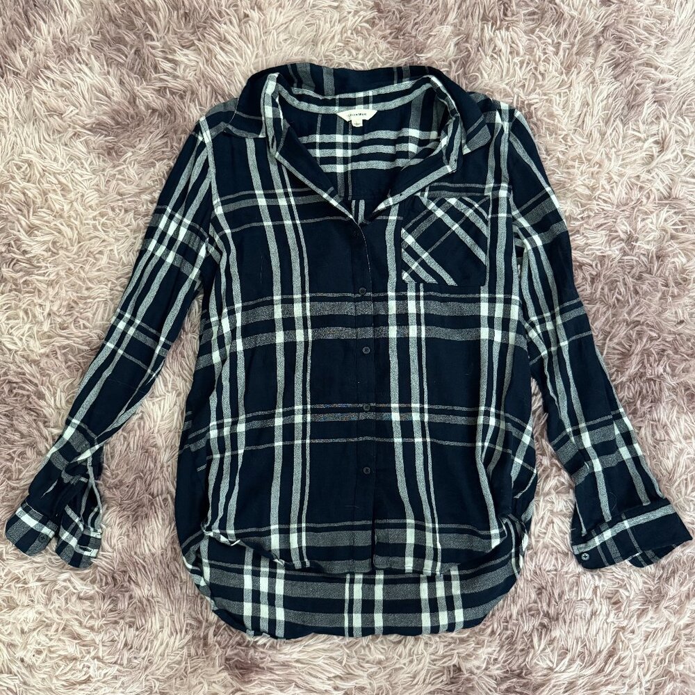 Lucky Brand White Stripes on Blue Flannel Long-Sleeve Shirt
